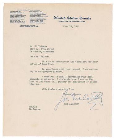 Lot #7263 Joe McCarthy Signed Photograph and Letter - Image 1