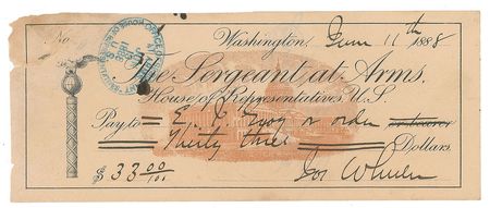 Lot #7481 Joseph Wheeler Signed Check - Image 1