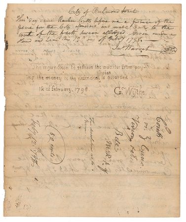 Lot #7193 George Wythe Autograph Endorsement Signed - Image 1