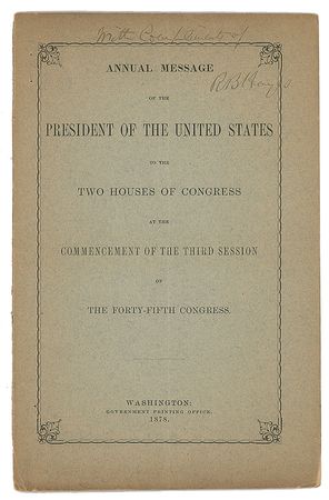 Lot #7035 Rutherford B. Hayes Signed Booklet: '1878 State of the Union' - Image 1