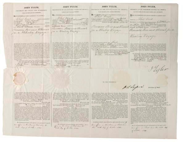 Lot 67  Four-language Ship’s Papers: John Tyler