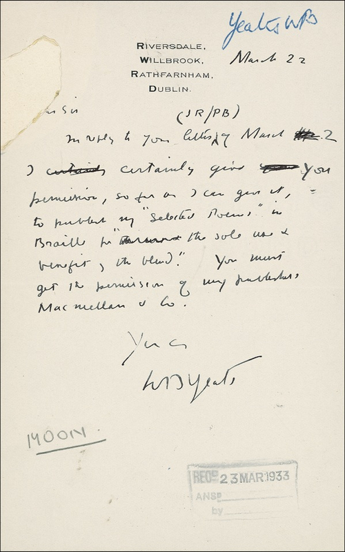 Lot 532 William Butler Yeats