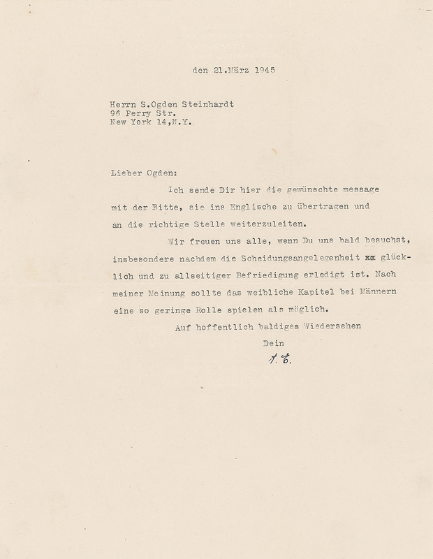 Lot 224 Albert Einstein: Einstein the misogynist: ?In my opinion the female chapter should play as small a role as possible with men.?