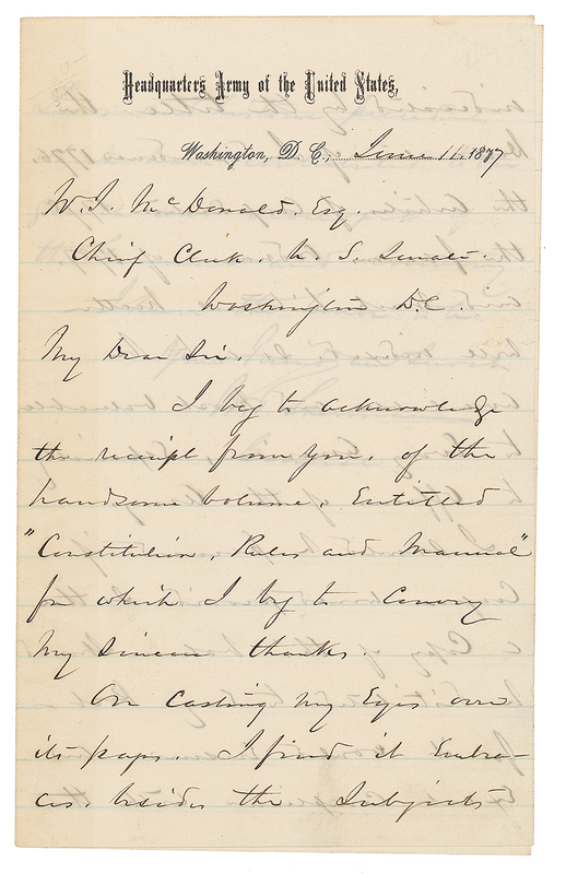Lot 395 William T. Sherman: Sherman recommends a manual referencing the Declaration of Independence and the Constitution
