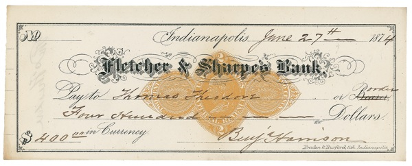 Lot 65 Benjamin Harrison Check