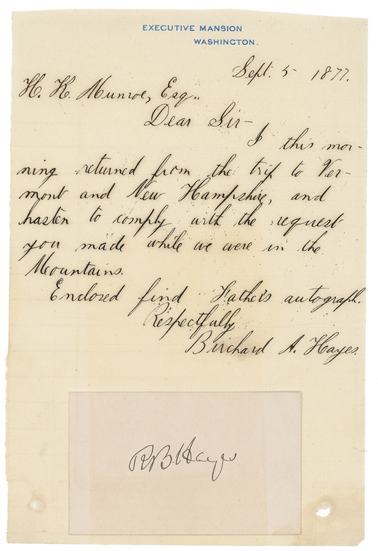 Lot 67 Rutherford B. Hayes: With Executive Mansion authentication from his son