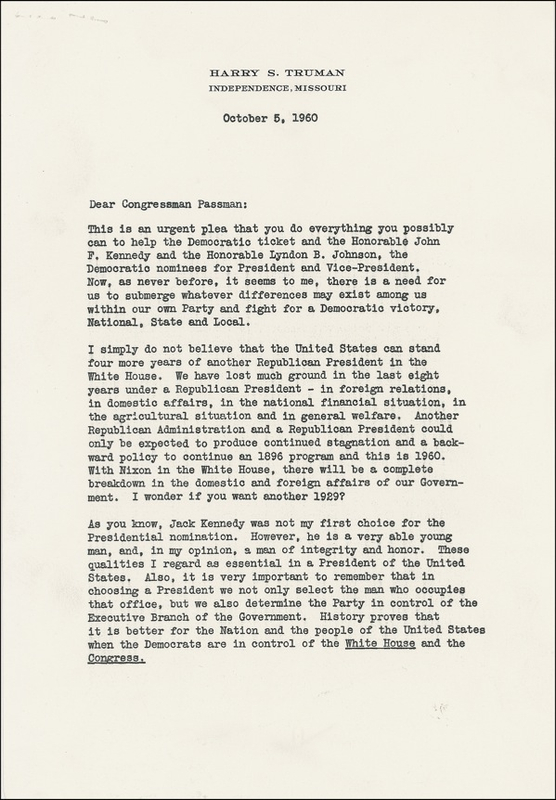 Lot 153 Harry S. Truman: “NOT MY FIRST CHOICE FOR THE PRESIDENTIAL NOMINATION”