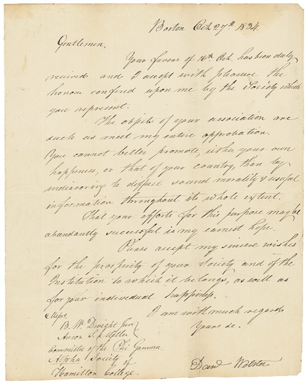 Lot 308 Daniel Webster: Praising an organization for its efforts to “diffuse sound morality & useful information”