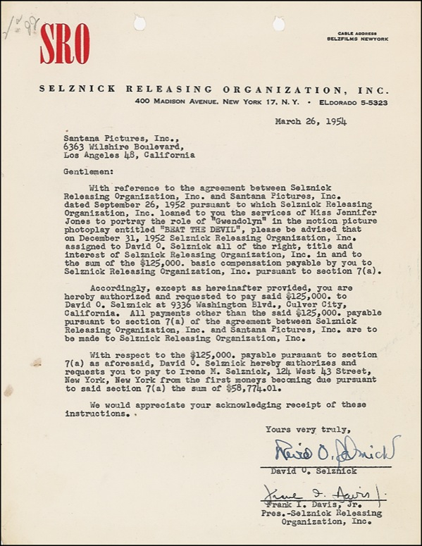 Lot 1048 David O. Selznick Typed Letter Signed