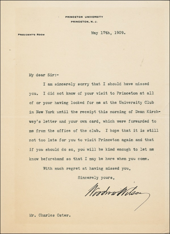 Lot 178 Woodrow Wilson: Wilson regrets missing a friend at Princeton