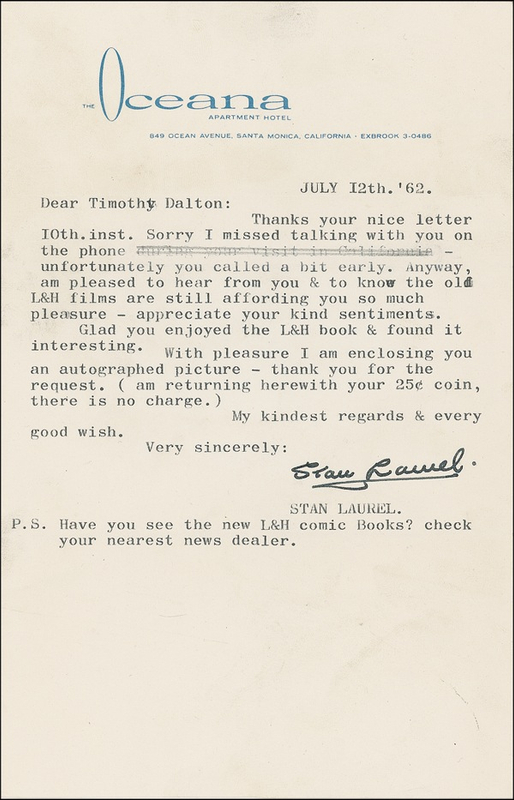 Lot 969 Stan Laurel: Standing the test of time: “pleased to hear from you & to know the old L&H films are still affording you so much pleasure.”