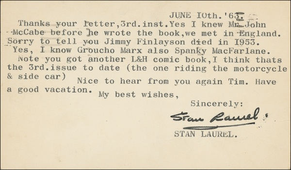 Lot 970 Stan Laurel: “Yes, I know Groucho Marx also Spanky McFarlane”
