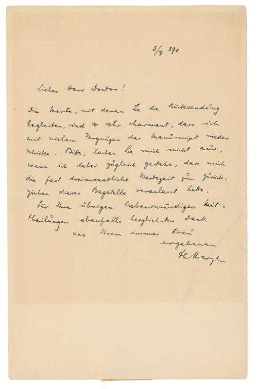 Lot 242 Theodor Herzl: Herzl ALS regarding a manuscript, quite possibly the comedy Der Prinzen aus Genieland