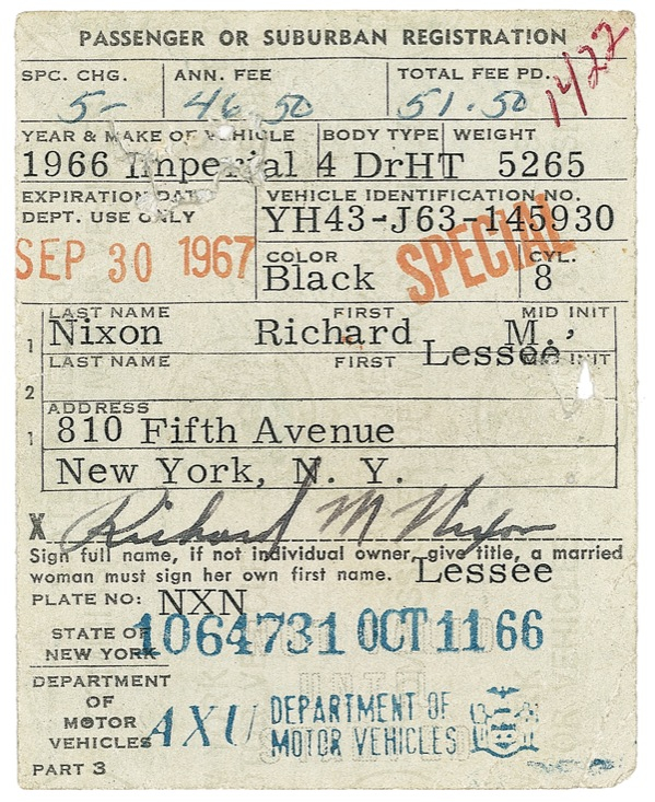 Lot 102 Richard Nixon: Twice-signed Nixon auto registration