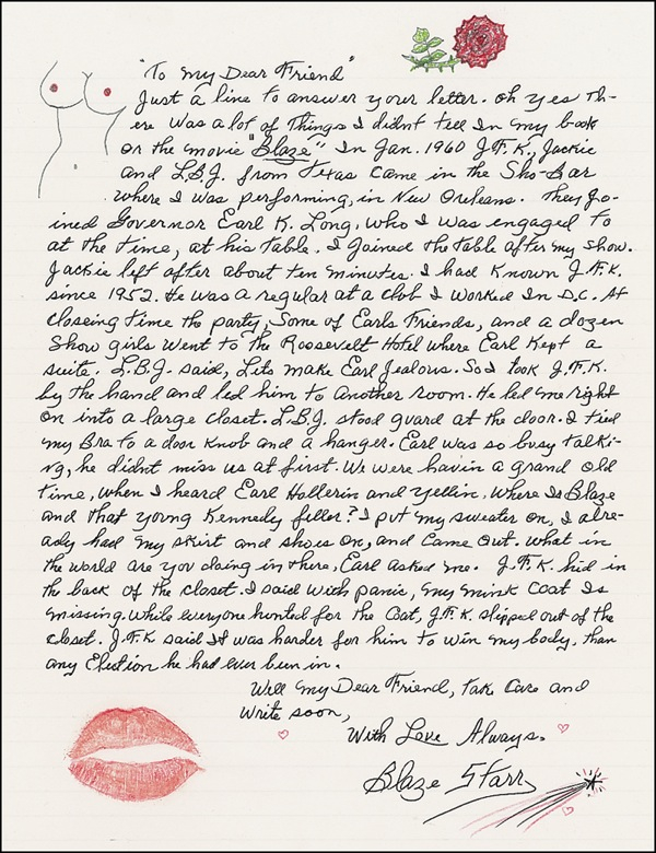 Lot 1062 Blaze Starr: “JFK said it was harder for him to win my body than any Election he had ever been in.”