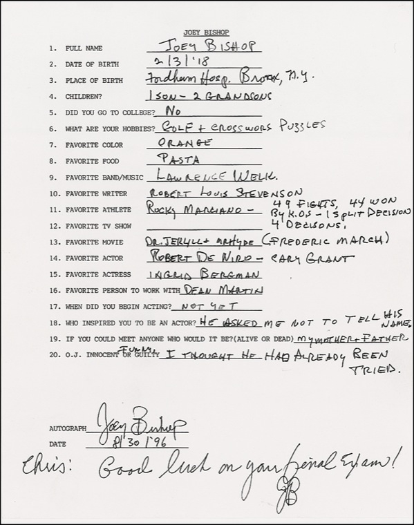 Lot 788 Joey Bishop Questionnaire
