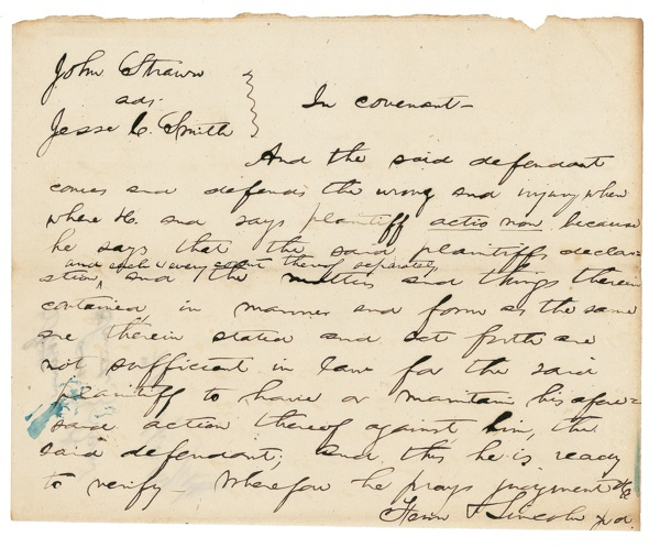 Lot 89 Abraham Lincoln: Lincoln handwritten legal brief from 1841