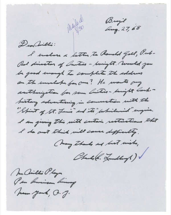 Lot 444 Charles Lindbergh: RARE AIR: Scarce instance of LINDBERGH penning the name of his famous aircraft