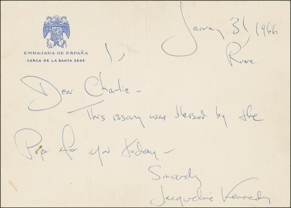 Lot 84 Jacqueline Kennedy: Jackie letter and rosary beads blessed in-person by Pope Paul VI