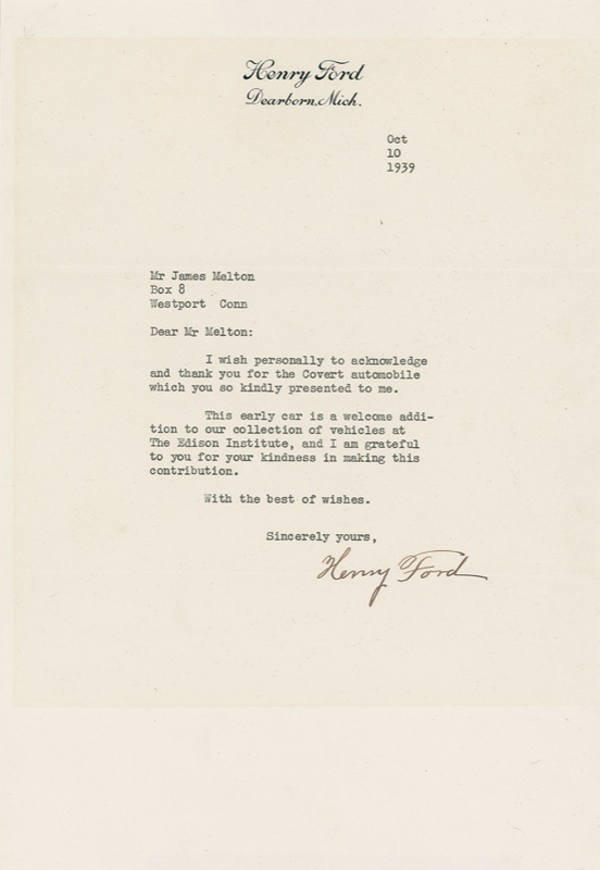 Lot 227 Henry Ford: WOULD YOU DONATE A USED CAR TO THIS MAN?: Auto magnate and collector extraordinaire HENRY FORD accepts a vintage Covert as “a welcome addition to our collection of vehicles at The Edison Institute”