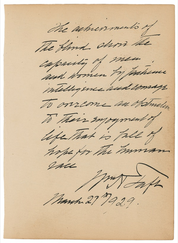 Lot 146 William H. Taft: Taft’s eye-opening tribute to the blind