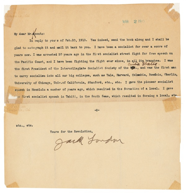 Lot 517 Jack London: “I was arrested 20 years ago in the first socialist street fight for free speech on the Pacific Coast, and I have been fighting the fight ever since.”