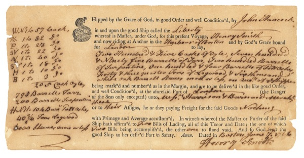 Lot 237 John Hancock: Extraordinary Hancock document regarding a ship which would shortly be involved in an incident that was a prelude to the Revolutionary War