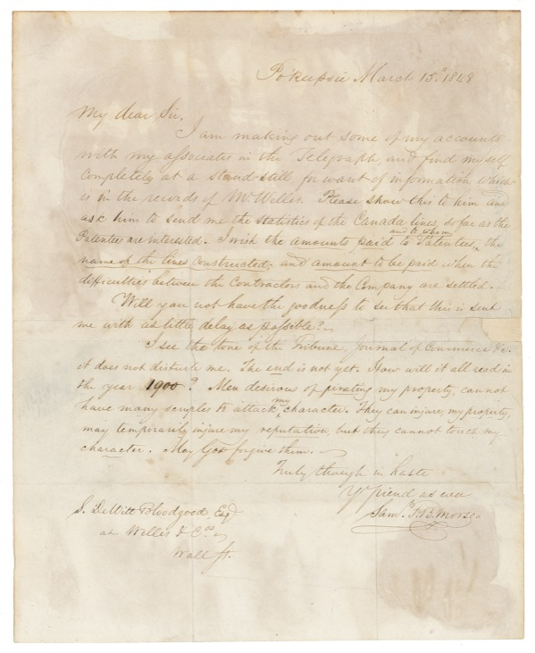 Lot 271 Samuel F. B. Morse: “I am making out some of my accounts with my associates in the Telegraph”