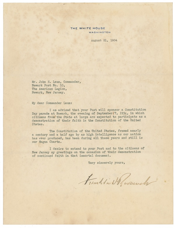 Lot 131 Franklin D. Roosevelt: “THE CONSTITUTION ... STILL IS OUR MAGNA CHARTA”: FDR toasts 1934 celebrations of “continued faith in that immortal document”
