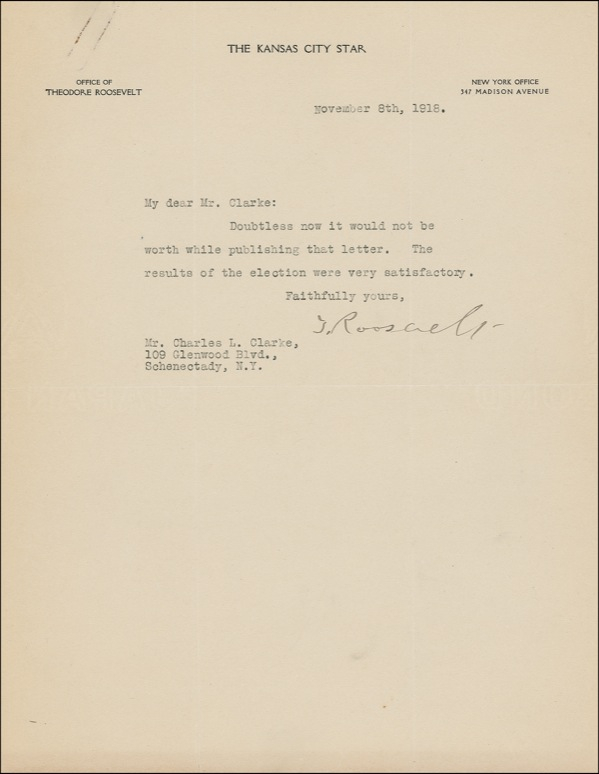 Lot 141 Theodore Roosevelt: “Very satisfactory”: Roosevelt comments on the 1918 midterm elections