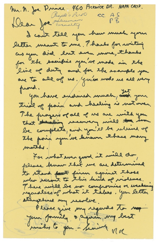 Lot 117 Ronald Reagan: “NO COMPROMISE OR WEAKENING”: “Determined to stand firm ... against this kind of violence,” Governor REAGAN praises a policeman injured at the notorious 1969 “People’s Park” protest