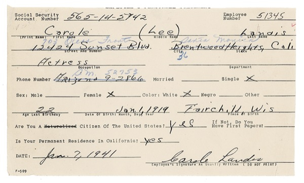 Lot 965 Carole Landis Signed Document