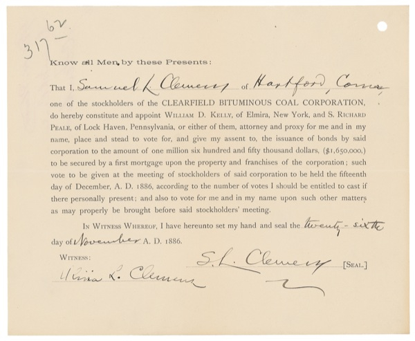 Lot 483 Samuel L. Clemens: Taking stock: Clemens signs a stockholders’ proxy a year after the publication of Huckleberry Finn