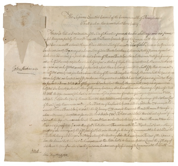 Lot 217 John Dickinson: The statesman who wouldn?t sign the Declaration of Independence issues a land grant for someone who did