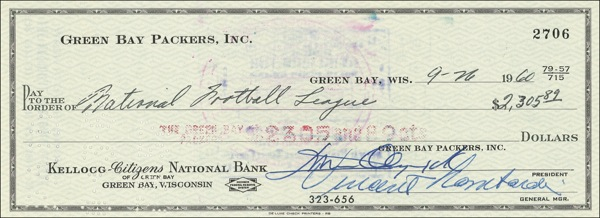 Lot 1320 Vince Lombardi Check