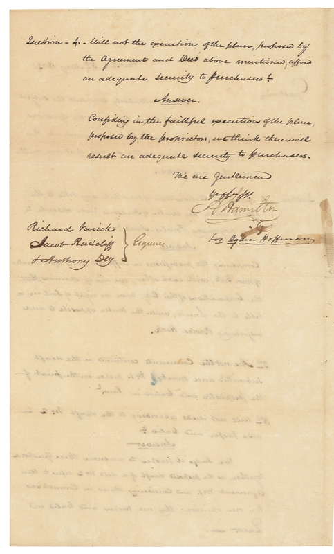 Lot 239 Alexander Hamilton: THE TREASURER AS WOULD-BE TRUMP: Two months before his fatal duel with Aaron Burr, HAMILTON irons out the legal issues in an historic New Jersey real estate deal