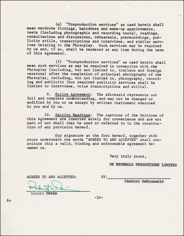 Lot 651 Bobby Darin Signed Document