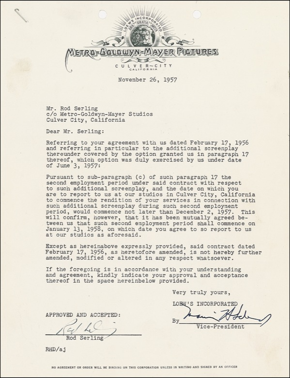 Lot 1049 Rod Serling Signed Document