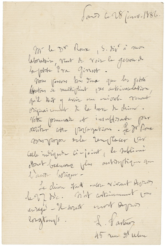 Lot 279 Louis Pasteur: Pasteur prescribes a rabies treatment and states “The dog being alive since Dec. 27 is certainly not rabid.”