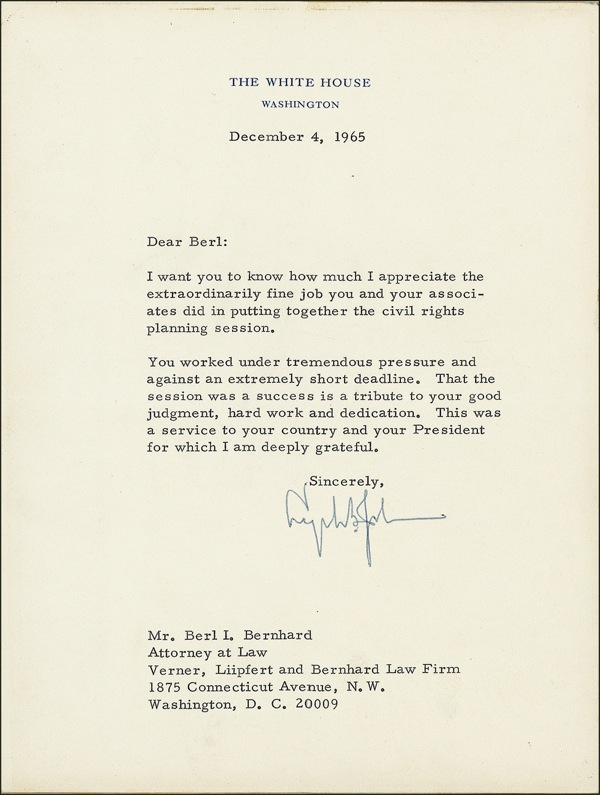 Lot 80 Lyndon B. Johnson: “Those to whom the national commitment to social justice means the most”: LBJ praises a prominent civil rights advocate