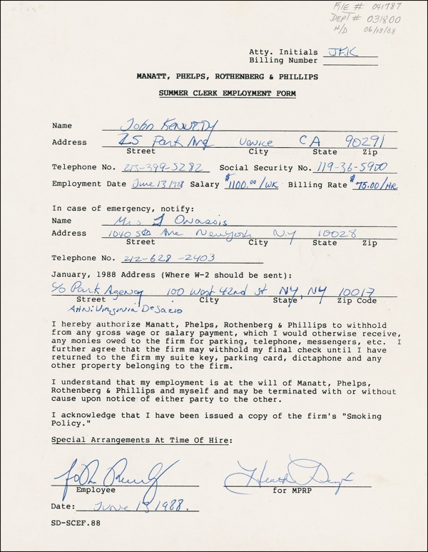 Lot 258 John F. Kennedy, Jr: The dawn of his famously scrutinized legal career