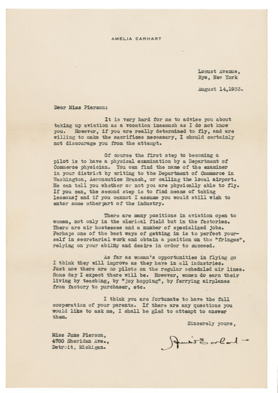 Lot 437 Amelia Earhart: I AM WOMAN, SEE ME FLY: EARHART encourages a young female admirer who seeks a career in aviation: “Woman’s opportunities in flying ... will improve as they have in all industries”