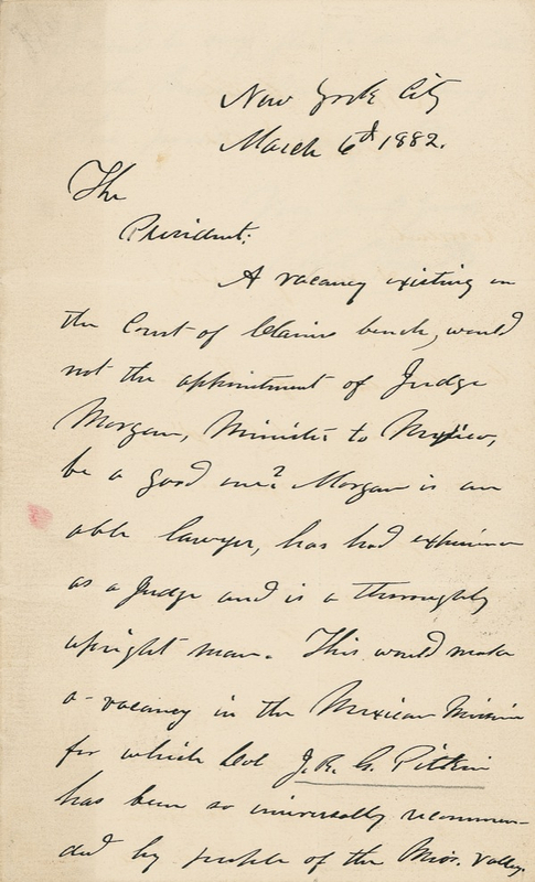 Lot 59 U. S. Grant: Once a president: Grant attempts to engineer an official appointment in a letter to one of his Executive Mansion successors