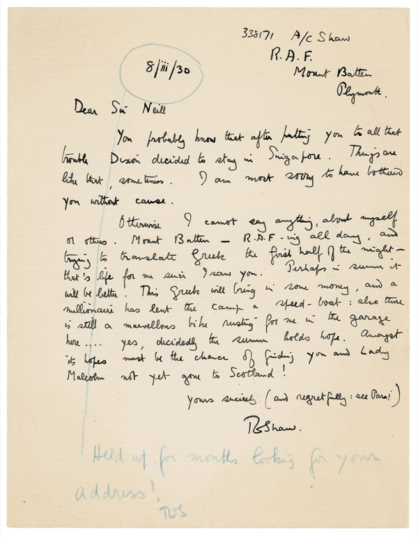 Lot 512 T. E. Lawrence: Eerily prophetic Lawrence letter: “There is still a marvellous bike rusting for me in the garage here.”