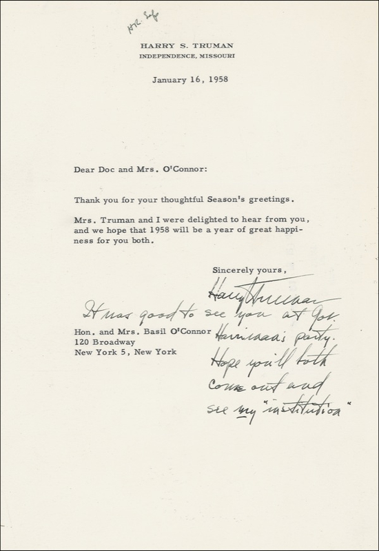 Lot 159 Harry S. Truman: “Come out and see my ‘institution’”