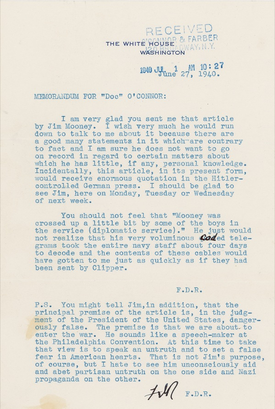 Lot 132 Franklin D. Roosevelt: A year before Pearl Harbor, FDR writes about a journalist?s ?dangerously false? article on impending American involvement in World War II