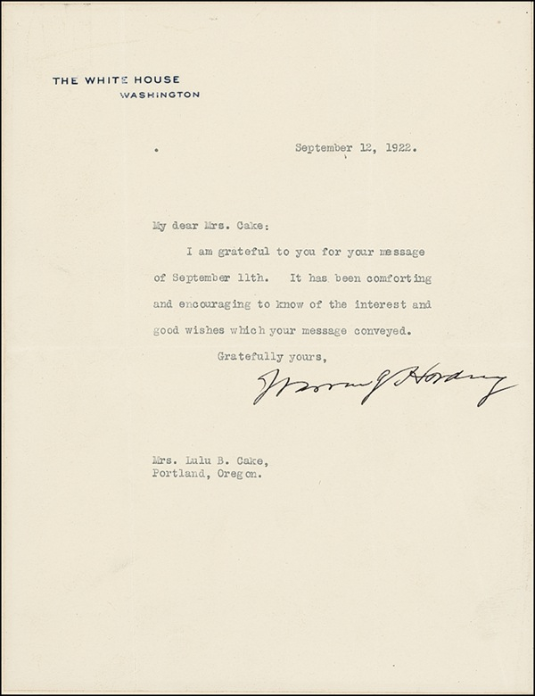 Lot 61 Warren G. Harding Typed Letter Signed