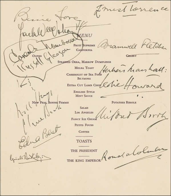 Lot 978 Carole Lombard and Leslie Howard: Pass the salt: Lombard and Howard dine in honor of the Olympics