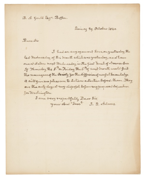 Lot 6 John Quincy Adams: Dumbing it down: Adams agrees to lecture for the Society for the Diffusion of Useful Knowledge