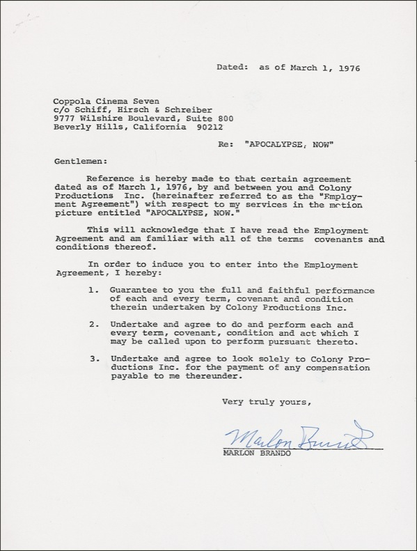 Lot 800 Marlon Brando: The horror: Brando signs to play Kurtz in Apocalypse, Now